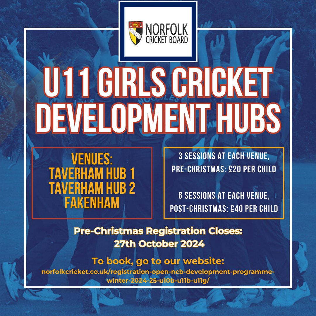 🏏Girls Cricket Development Hub🏏

Coaching for girls in yrs 4, 5 &amp; 6, who would like to improve their skills. Sessions will include the use of a hardball

If your daughter is interested please visit our website to find out more &amp; register: norfolkcricket.co.uk/registration-o…

#GirlsCricket