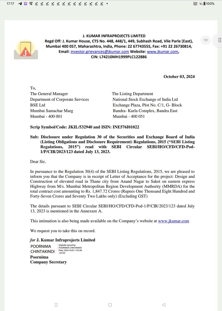 Stockxwatcher's tweet image. Headline: #JKumarInfraprojects Secures ₹1,847.72 Crore Contract for Elevated Road Project in Thane

Summary: J. Kumar #Infraprojects Limited has received a Letter of Acceptance from the Mumbai Metropolitan Region Development Authority (MMRDA) for the design and construction of