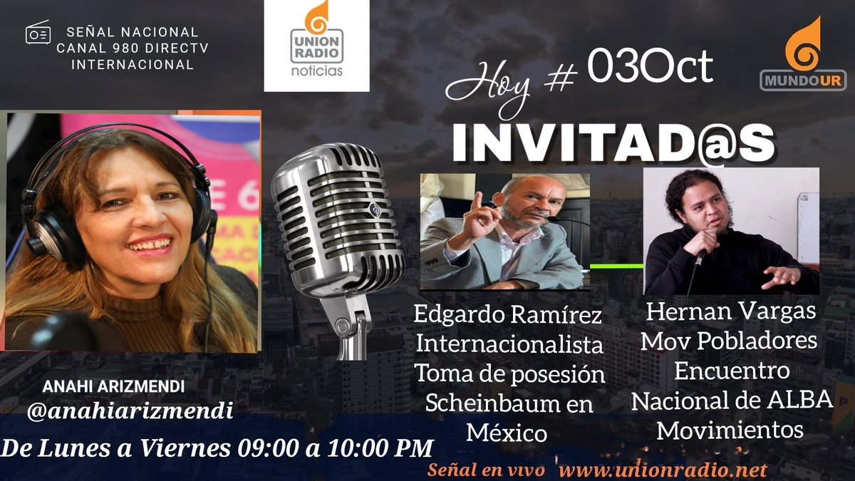 Anahi Arizmendi (@anahiarizmendi) on Twitter photo Escuche #Hoy #03Oct a <a href="/anahiarizmendi/">Anahi Arizmendi</a> por <a href="/unionradionet/">Unión Radio</a> 9 pm con el internacionalista Edgardo Ramírez y Hernan Vargas, de la coordinación política de Alba Movimientos. Análisis e Información de actualidad. #Venezuela #Navidad Escuche #Hoy #03Oct a <a href="/anahiarizmendi/">Anahi Arizmendi</a> por <a href="/unionradionet/">Unión Radio</a> 9 pm con el internacionalista Edgardo Ramírez y Hernan Vargas, de la coordinación política de Alba Movimientos. Análisis e Información de actualidad. #Venezuela #Navidad