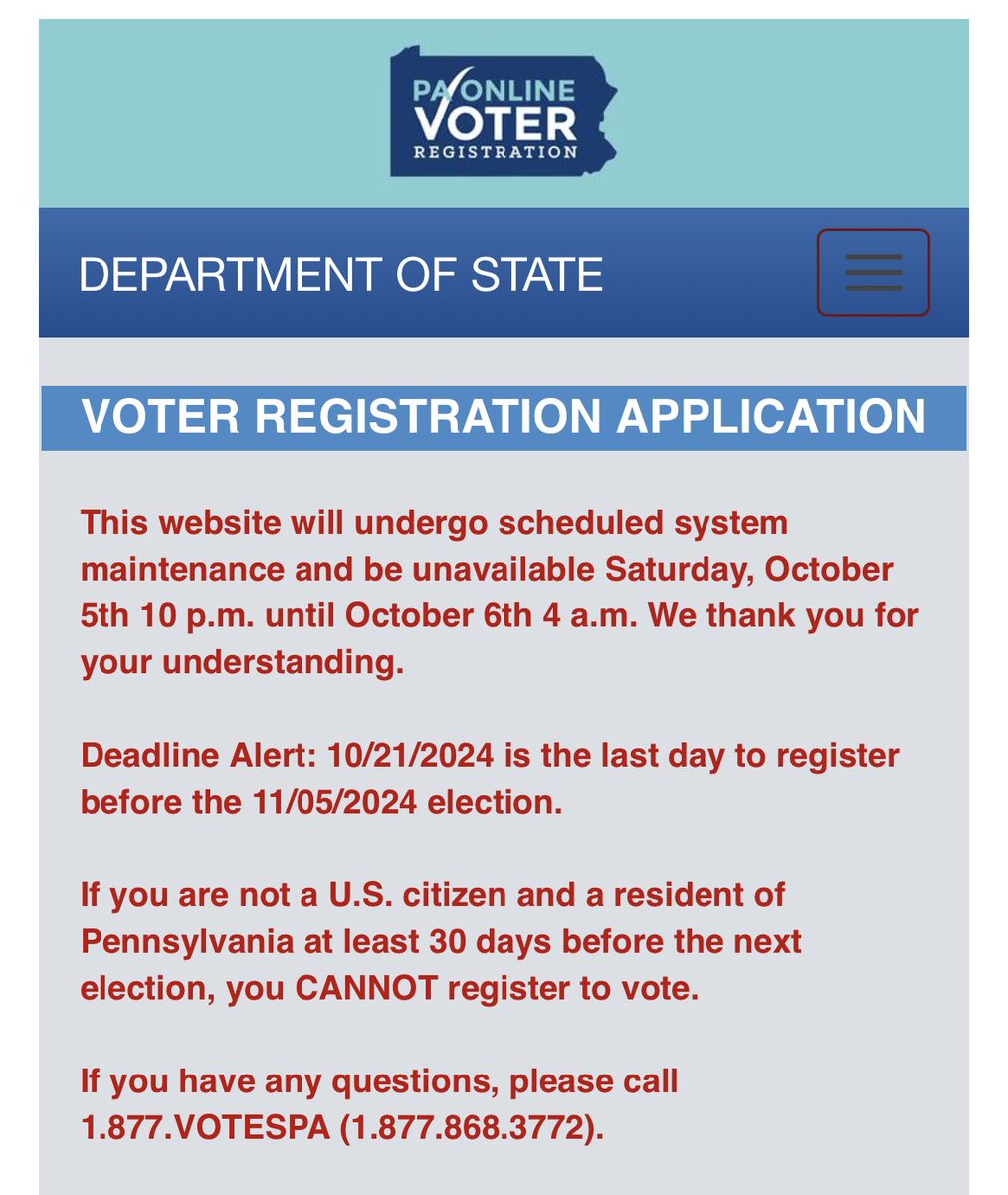 ScottPresler's tweet image. The @PAStateDept just quietly changed the scheduled maintenance from 6 p.m. 

to 10 p.m. - 4 a.m. 

We are watching you — peacefully — like a hawk. 

👀