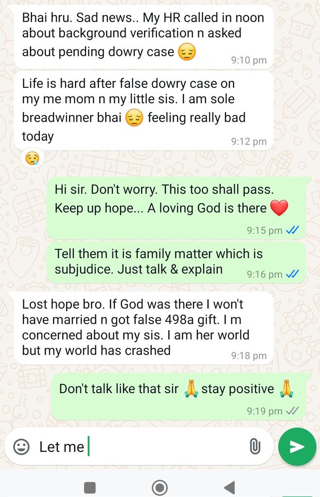 Ki_Siff's tweet photo. I really don't know what to tell 😢

Share till all company HRs see this. How many more like him lost hope/life due to #498A virus 😢 https://t.co/DNJMKm11qb