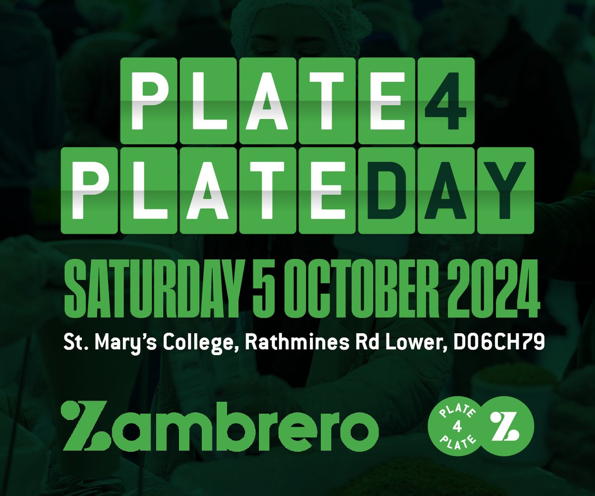 This Saturday, October 5th, we're holding our annual meal packing #Plate4PlateDay, where volunteers come together to help pack meals for those in need. We plan to pack over 120,000 meals in St. Mary's College, Rathmines. Sign up to help: zambrero.ie/plate4plate