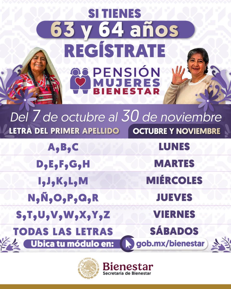 Ariadna Montiel Reyes (@a_montielr) on Twitter photo En la #MañaneraDelPueblo, con la Presidenta <a href="/Claudiashein/">Claudia Sheinbaum Pardo</a>, anunciamos el inicio de la #PensiónMujeresBienestar, un apoyo que reconoce toda una vida de trabajo y esfuerzo para sacar adelante a las familias y a nuestra Nación.
🟣 El registro será del 7 de octubre al 30 de En la #MañaneraDelPueblo, con la Presidenta <a href="/Claudiashein/">Claudia Sheinbaum Pardo</a>, anunciamos el inicio de la #PensiónMujeresBienestar, un apoyo que reconoce toda una vida de trabajo y esfuerzo para sacar adelante a las familias y a nuestra Nación.
🟣 El registro será del 7 de octubre al 30 de