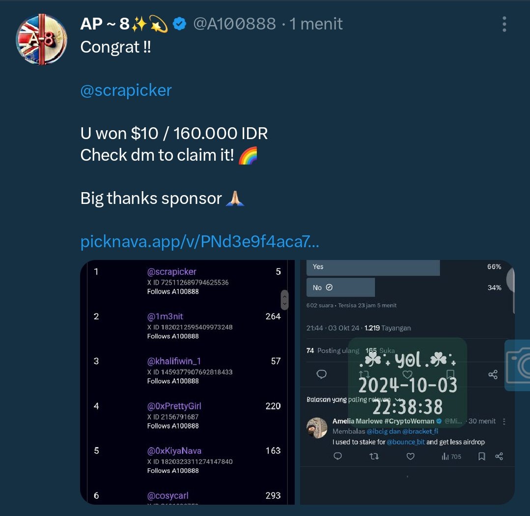 jwebalyo's tweet photo. ⎙﹒﹐ #AP8testi ꕀ﹐
ALHAMDULILLAH akhirnya pecah telor setelah berbulan bulan dan lgsg menang dihost paling satset @A100888 🥹🫶
thankyou om Ap, sehat selalu dan semoga lancar terus page nya ୨ৎ https://t.co/Q0TZBcUf0p