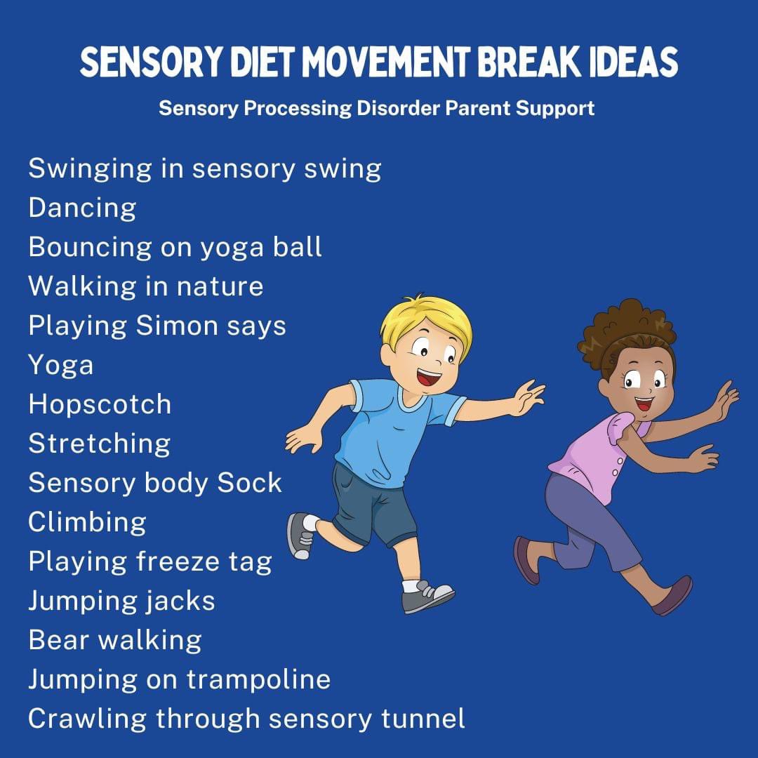 Sensory Diet Movement Break Ideas
What are some sensory movement break activities that you would add to these?
Swinging in sensory swing
Dancing 
Bouncing on yoga ball 
Walking in nature
Playing Simon says 
Yoga 
Hopscotch
Stretching 
Sensory body Sock
Climbing
Playing freeze tag