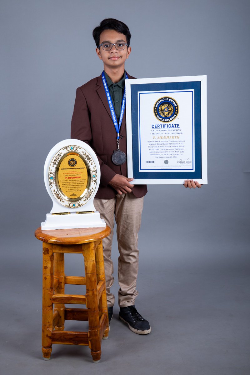 IngeniousCWR's tweet photo. Grand Master For Solving 4x4 Wooden Snake Cube Blindfolded 
P. Siddharth (born on June 4, 2010) of Tamil Nadu, India, is titled as 'Grand Master' for solving a 4x4 Snake Cube blindfolded in 8 seconds and 59 milliseconds (trained by Anand Rajendran under the guidance of the Tamil Nadu Cube Association), at the age of 14 years, as confirmed on June 26, 2024.

#ingeniouscharmworldrecords #ingeniouscharmworldrecord #internationalachiversbookofrecords 
#icwr #worldrecordholder
#specialperformance #mlartialarts
#ingeniouscharmworldrecords #silambam
#awardwinning #icwrgoldeniconicawards2024
#ingeniouscharmworldrecords
#internationalachiversbookofrecords
#worldrecordholder #icwr #talented #talentkids
#india #indian#metalnails #wowtalents
To Apply for World Records Contact:+91
8925182174
For More Details Visit ~ICWR Website:
https://t.co/4egcHHIZHb
ICWR Instagram: - https://t.co/cMrb3g9nTr
ingeniouscharmworldrecord?
igshid=MzRIODBiNWFIZA==
~ICWR YouTube:-
https://t.co/j8rcw94tRJ
si=Qit7K0GEqT2nS06J
~ ICWR Twitter:-
https://t.co/sMrgJGBAB4?
t=EoBiHrsNOpOG1tev79FGTw&s=09
~ ICWR Facebook Page:-https://t.co/FAtoMP4KTv
ingeniouscharmWorldRecords?mibextid=2JQgoc