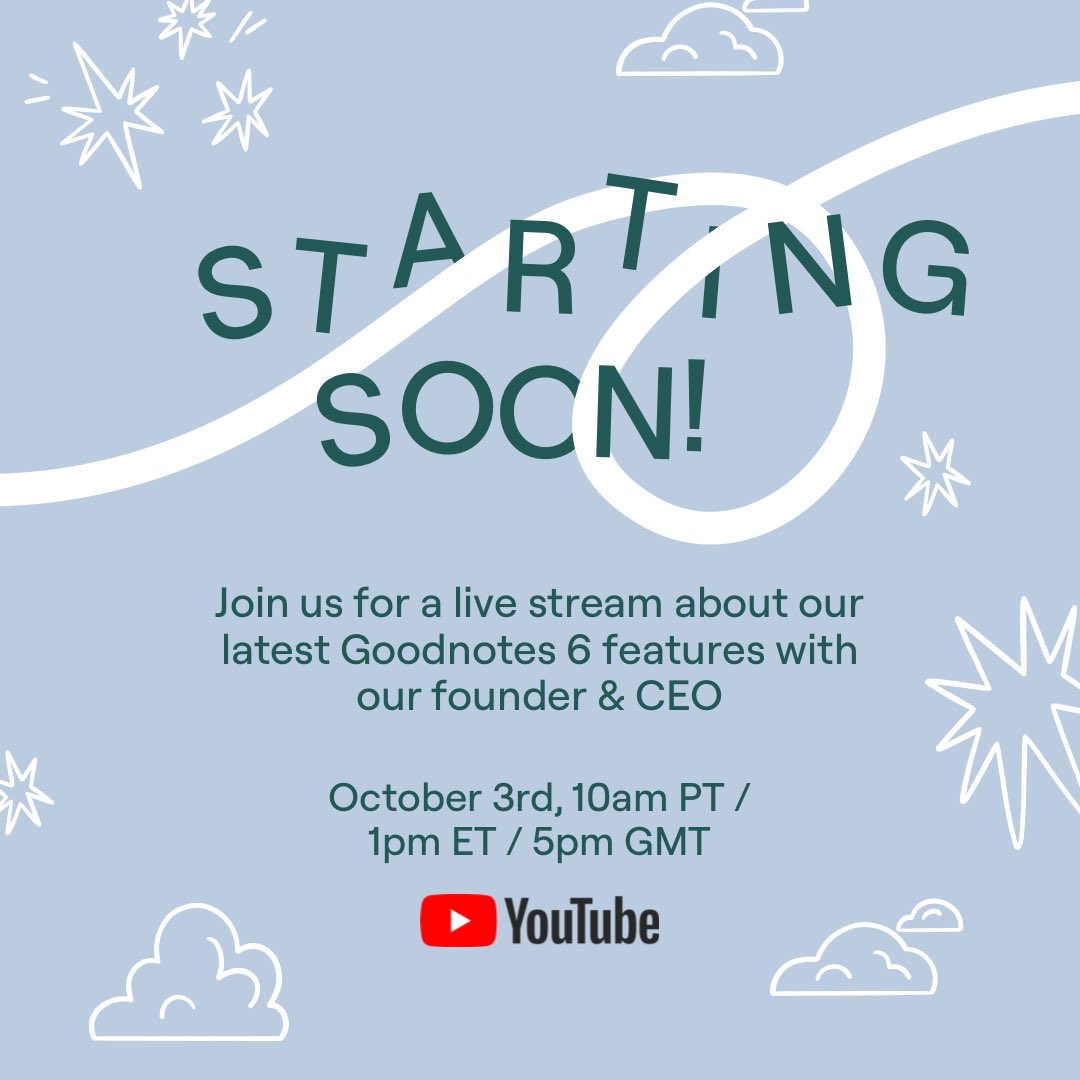 GoodnotesApp's tweet photo. Join us for a Goodnotes first as we go on air to share with you, our users, directly about our latest features, featuring our founder and CEO Steven Chan, as well as other members of the talented team behind Goodnotes.

See you later: https://t.co/lL8OW7GEDI https://t.co/PYPR8FCuWp