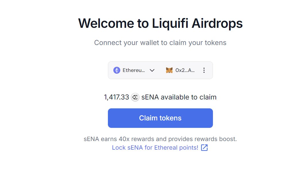 Ethena 第二季 $ENA 空投领取已开放：
领取地址 app.ethena.fi

看好的未来还有第三季空投！！！