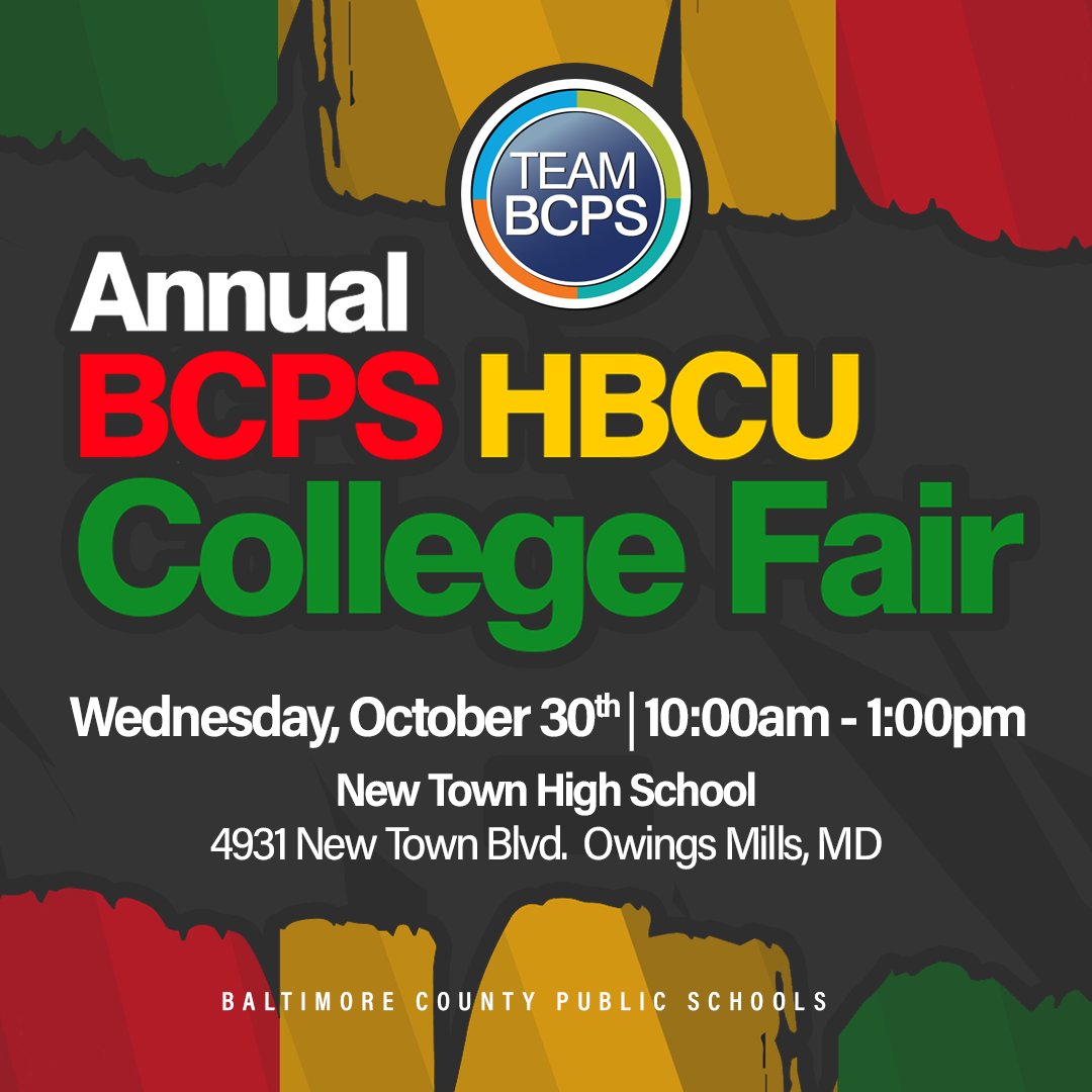 Baltimore County Public Schools (@baltcops) on Twitter photo 🎓 The 8th annual #TeamBCPS HBCU College Fair is set for Wednesday, Oct. 30! BCPS seniors can register now at app.strivescan.com/registration. Students should see their counselors to receive permission slips. Bus transportation will be provided.
News Release ➡ cdnsm5-ss3.sharpschool.com/UserFiles/Serv… 🎓 The 8th annual #TeamBCPS HBCU College Fair is set for Wednesday, Oct. 30! BCPS seniors can register now at app.strivescan.com/registration. Students should see their counselors to receive permission slips. Bus transportation will be provided.
News Release ➡ cdnsm5-ss3.sharpschool.com/UserFiles/Serv…