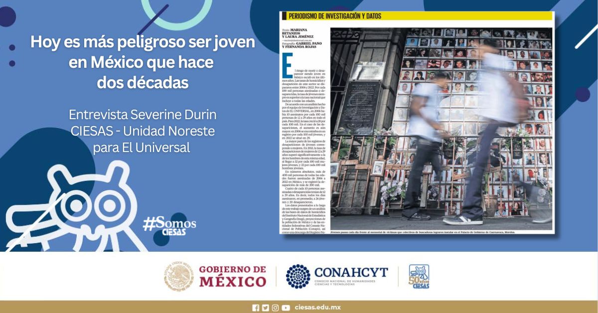 #CIESASEnMedios 📰
El riesgo a morir o a desaparecer... 
<a href="/DurinSeverine/">Séverine Durin</a>, investigadora del #CIESASNoreste compartió en entrevista 📞 para el <a href="/El_Universal_Mx/">El Universal</a>, parte de su trabajo sobre violencia, desaparición forzada y juventudes.
Realiza la lectura 📖en bit.ly/ElUniversalSev…