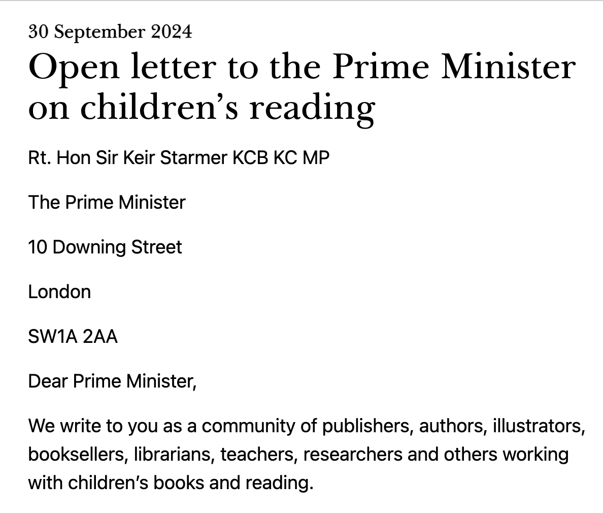 I've just signed an open letter to the PM, calling him to prioritise the role of reading for pleasure for children through better funding and policy. If you feel strongly about this too, take a read and do your bit openletter.earth/open-letter-to…
