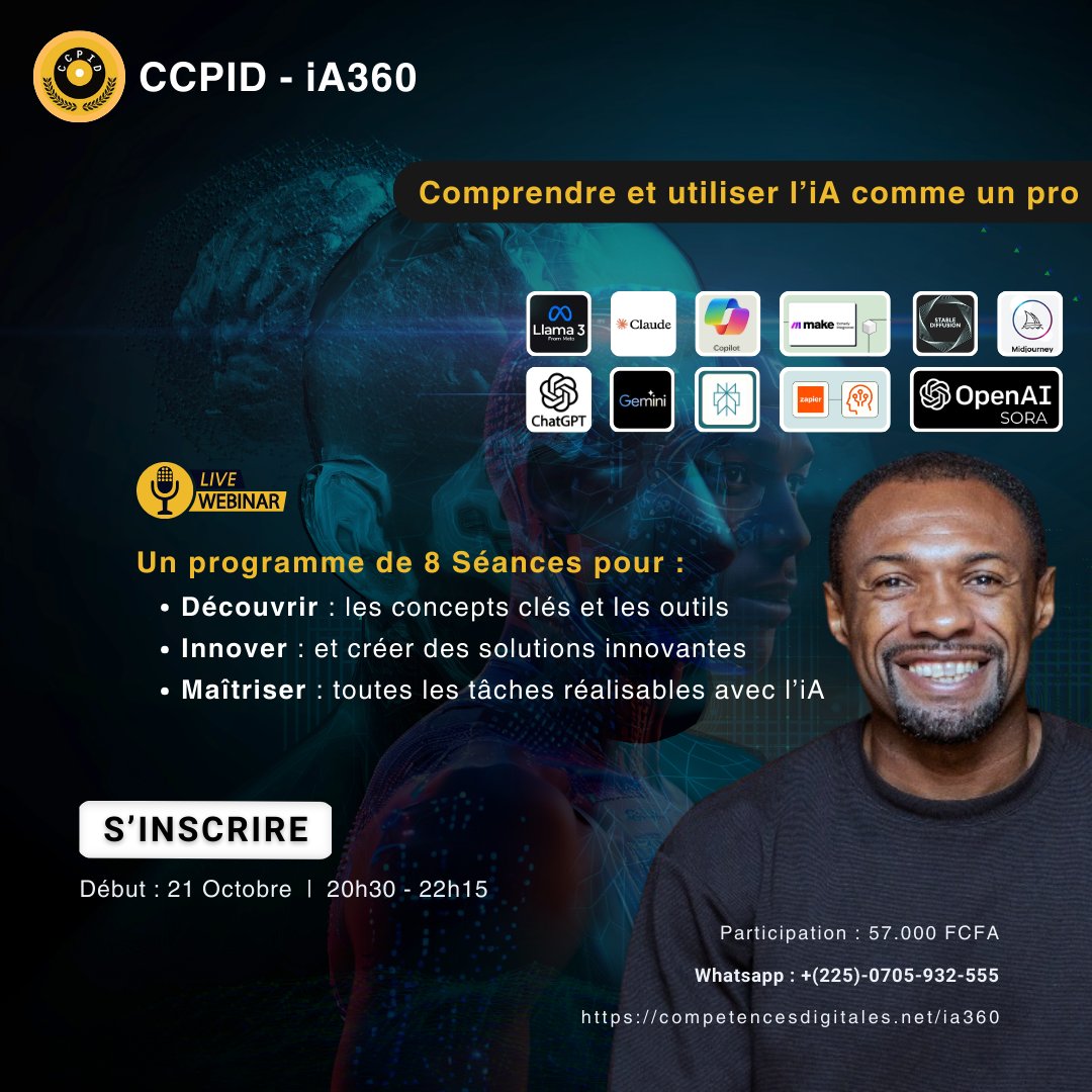 Le 21 Octobre nous démarrons la deuxième édition de notre 𝗽𝗿𝗼𝗴𝗿𝗮𝗺𝗺𝗲 𝗖𝗖𝗣𝗜𝗗-𝗶𝗔-𝟯𝟲𝟬. Grâce à ce programme, vous comprendrez non seulement le "quoi", mais aussi le "comment" et le "pourquoi" des technologies et outils à base d'intelligence Artificielle.
Il vous