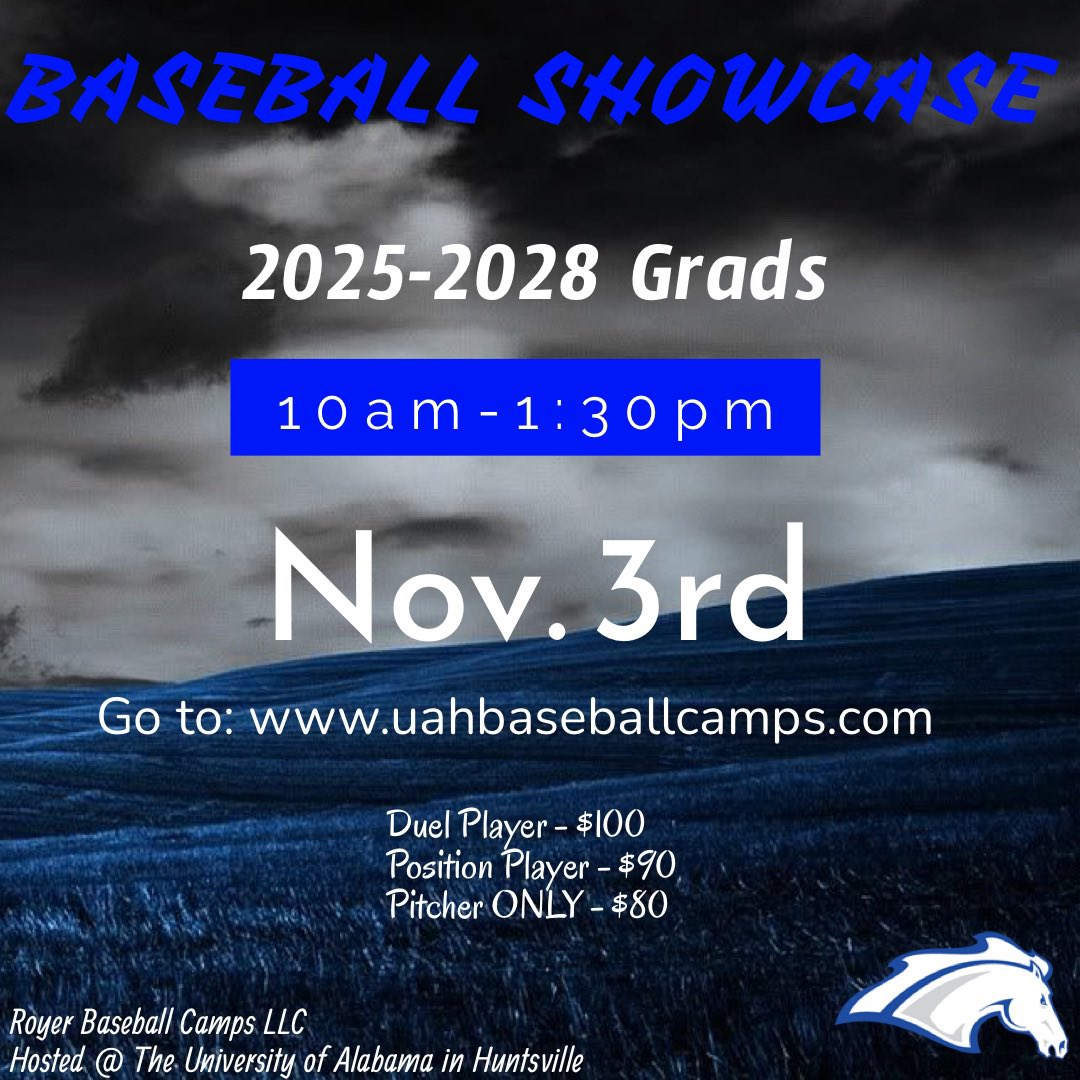 UAH will be hosting a Prospect Showcase on Nov. 3rd at Charger Park on campus! If you are interested or have any questions, please email bjh0026@uah.edu. To sign up go to: uahbaseballcamps.com