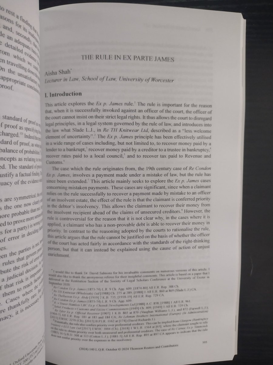 I am delighted that my article, "The rule in Ex parte James", has been published in the latest edition of the Law Quarterly Review ((2024) 140 LQR 595-619)). Excited to have received my copies of the journal this week!