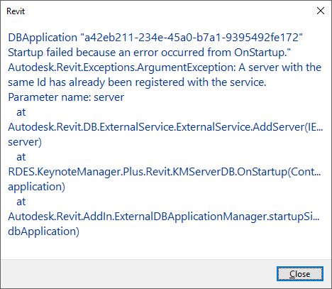 jonwyu's tweet photo. Revit giving this error on startup while I have @pyrevit and @Rev_Design 's Keynote Manager add ins. Everything seems to work after loading though.  Maybe you guys can make the error message go away. https://t.co/LqwvYIpUGH