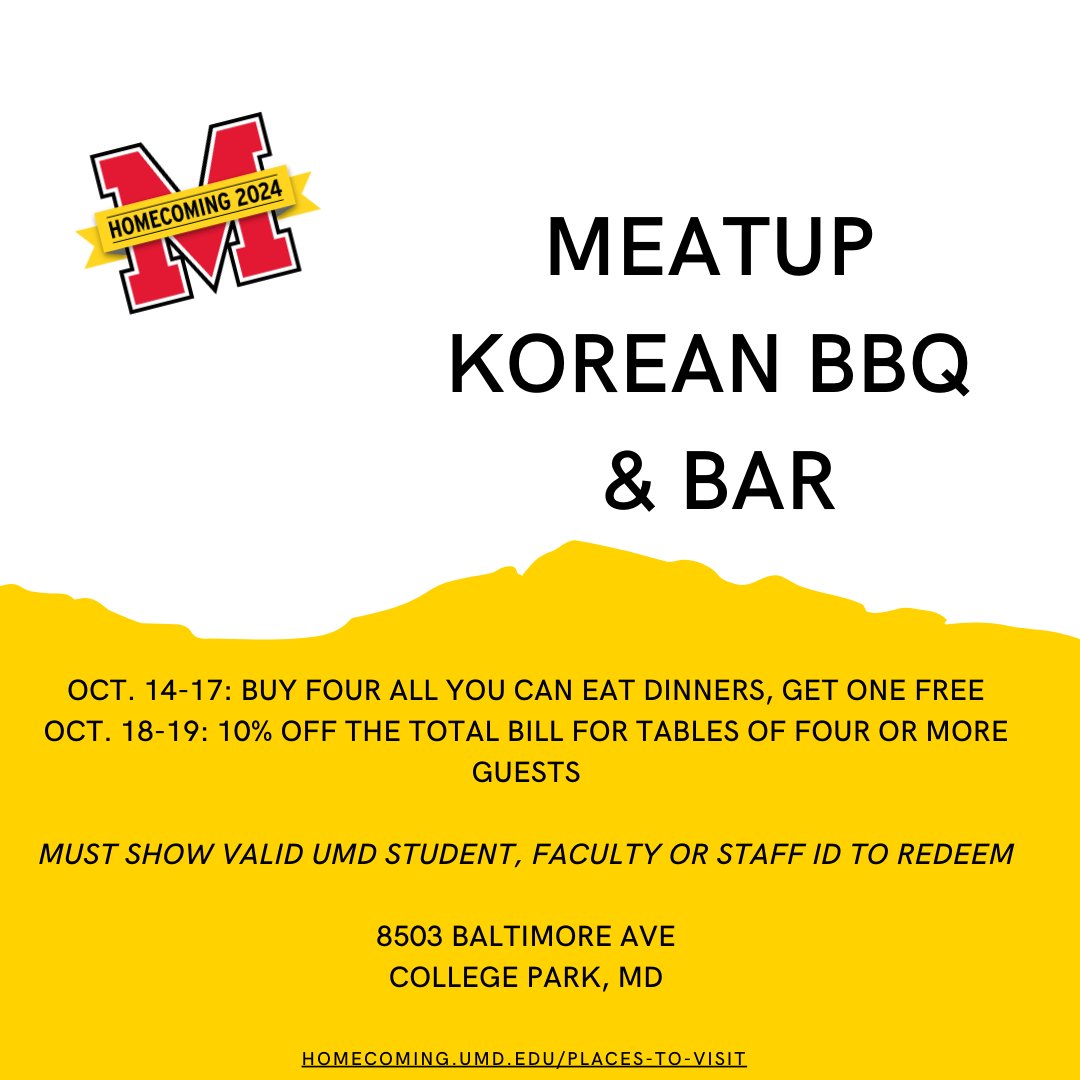 Did you hear there are exclusive deals in College Park during Homecoming?

There’s plenty to do and see in Greater College Park! Check out our neighbors offering specials to get Terps in the Homecoming spirit. homecoming.umd.edu/places-to-visit