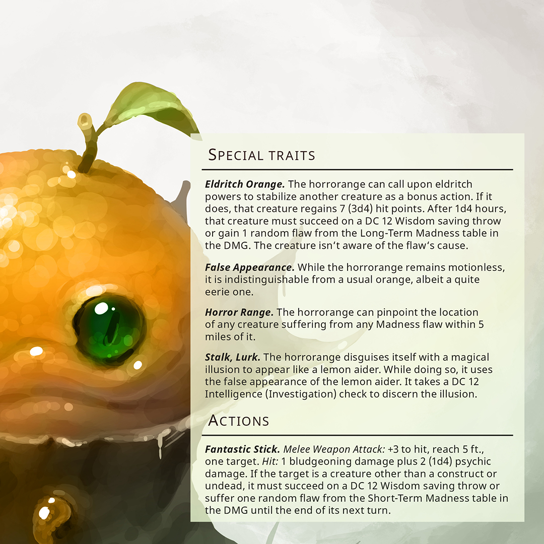 fluffy_folio's tweet photo. Spooktober is here – time for some eldritch fruits and eerie vegetables! here is the first one: the Horrorange #dnd #ttrpg https://t.co/DVViuJXXyQ