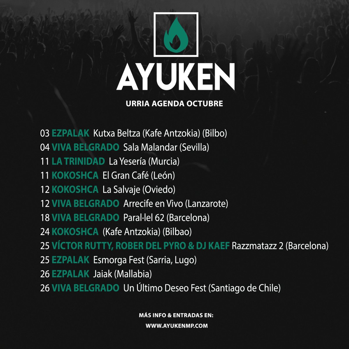 AyukenMP's tweet photo. 🗓️🍂 #AyukenAgenda #Urria #Octubre Ya se va notando el fresquete y a nosotros nos gusta el calor de festis y salas de conciertos🔥ft. @ezpalak✨ @vivabelgrado ✨ @LaTrinidadPop ✨ @uneteakokoshca ✨ #VíctorRutty @roberdelpyro @DjKaef ✨ℹ️🎫 https://t.co/9rBf3GCyVR https://t.co/peQFgjbRtU