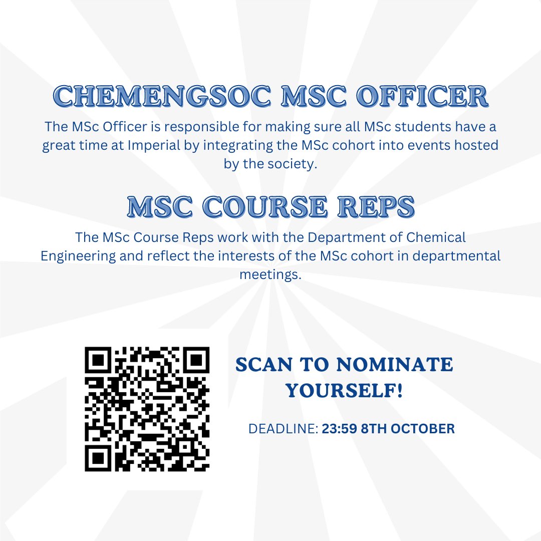 ICChemEngSoc's tweet photo. Opportunities available!

This is your chance to take on more responsibility in the Chemical Engineering department or be part of the ChemEngSoc Committee this year!

Take a look through the roles available and submit an application if you are interested. https://t.co/K3vDyR0Dw1