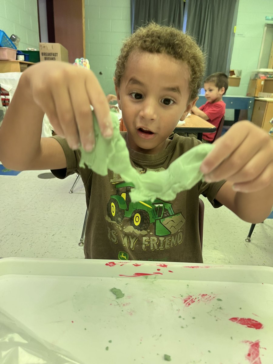 CSaxtan's tweet photo. Today we made “moon dough” and added colors to TRY and make it brown. Our motto is “You get what you get, and you don’t through a fit.” Instead of brown mud, we made green “stuff” 😂 Either way, excitement all around 😃 #dukepride #wearecucps #ccesdukes @CuCPS @ccesdukes 💙💛 https://t.co/maeDLNQkB4