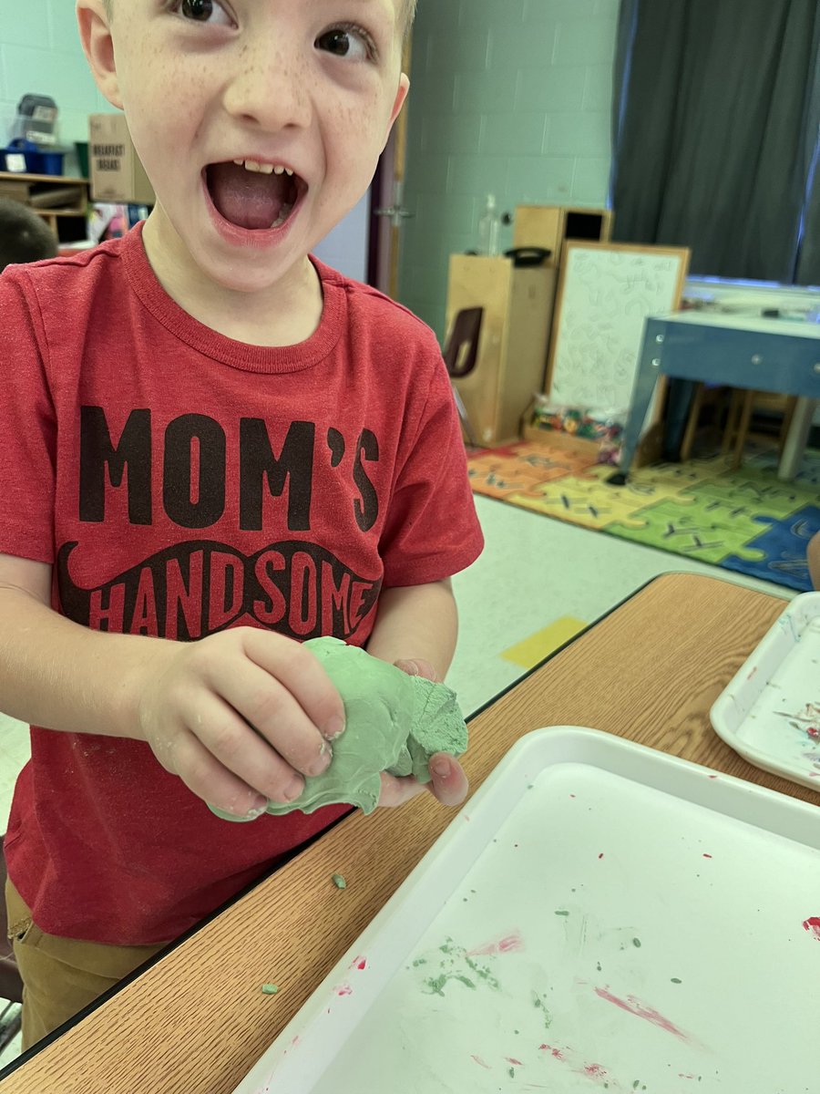 CSaxtan's tweet photo. Today we made “moon dough” and added colors to TRY and make it brown. Our motto is “You get what you get, and you don’t through a fit.” Instead of brown mud, we made green “stuff” 😂 Either way, excitement all around 😃 #dukepride #wearecucps #ccesdukes @CuCPS @ccesdukes 💙💛 https://t.co/maeDLNQkB4
