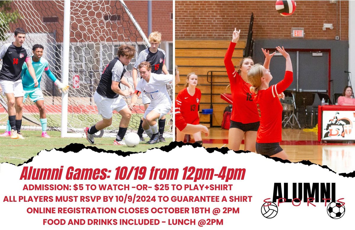 Where are all of our boys soccer players and girls volleyball players?! The Fall Alumni Girls Volleyball &amp; Boys Soccer is Oct. 19th from 12-4pm. Sign up today...the 9th is the last day to guarantee a t-shirt in your size. Please make sure to RSVP!
bidpal.net/alumni24socvba…