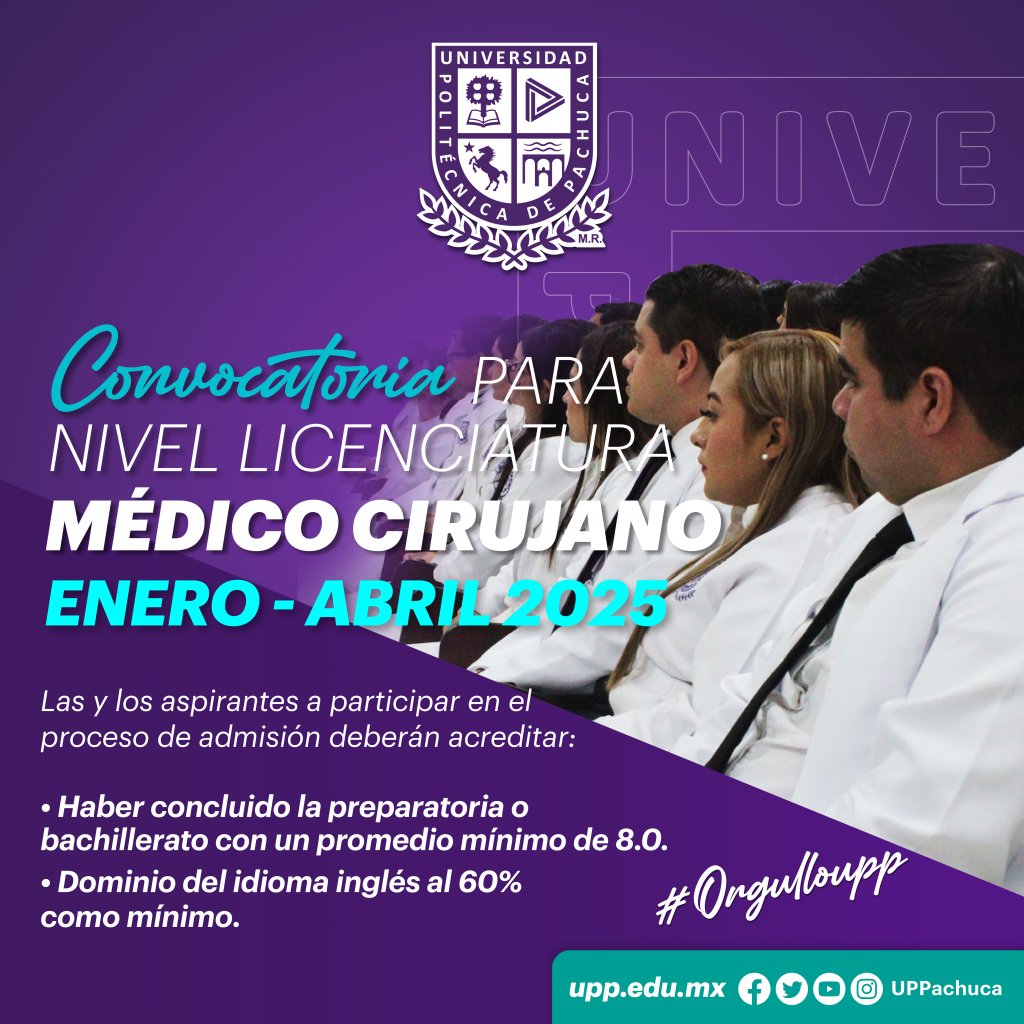 UPPachuca's tweet photo. #FelizJueves

Estudia la Licenciatura en Médico Cirujano en la Universidad Politécnica de Pachuca.

Ya está abierta la convocatoria, regístrate hoy mismo.
https://t.co/FLDJveFfow...

#OrgulloUPP https://t.co/P9QM4kU84q
