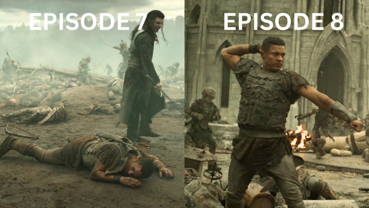 nerd_cookies's tweet photo. Arondir gets brutally stabbed by Adar and left to die on the battlefield in episode 7 only to magically heal off-screen and fight at full strength in episode 8. This is the caliber of writing that a billion dollars gets I guess... 🤦‍♀️

#RingsOfPower is a joke. https://t.co/HB3kPIIXGl