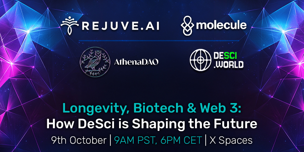 🌍🔬✨ DESCI X SPACE  

🗓️ Date: 9th October
🕘 Time: 9 AM PST / 6 PM CET

We'll be joined by some of the most innovative minds in #DeSci, including <a href="/Rejuve_AI/">Rejuve.AI</a>, @AthenaDAO, @Molecule_dao , and <a href="/DeSciWorld/">DeSciWorld</a>, as we chat about how #Web3 is revolutionizing the science field.

Mark