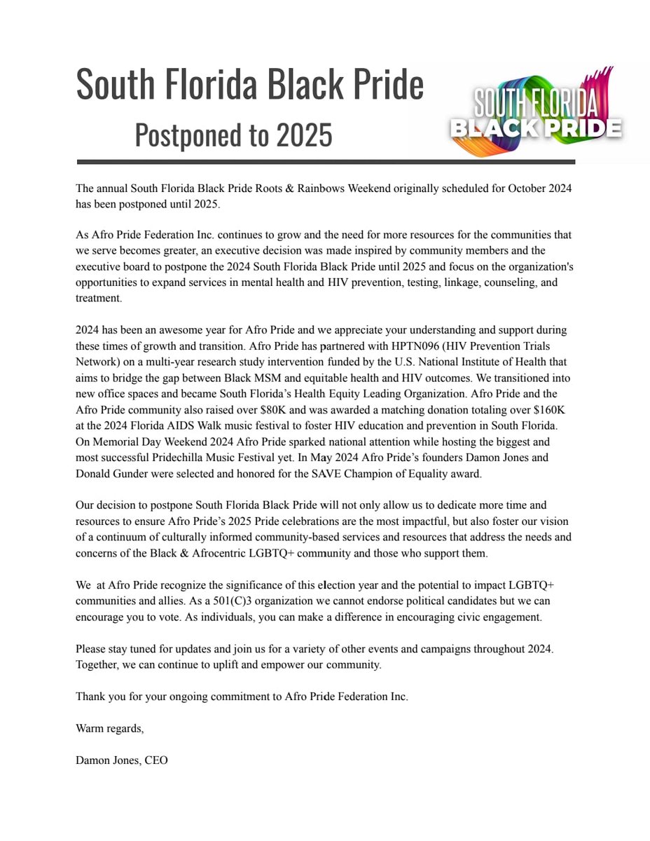 Important Update: The South Florida Black Pride Roots &amp; Rainbow Weekend, set for Oct 2024, is postponed to 2025. This decision prioritizes our community’s well-being and ensures a memorable event. Thank you for your support can’t wait to celebrate together in 2025!