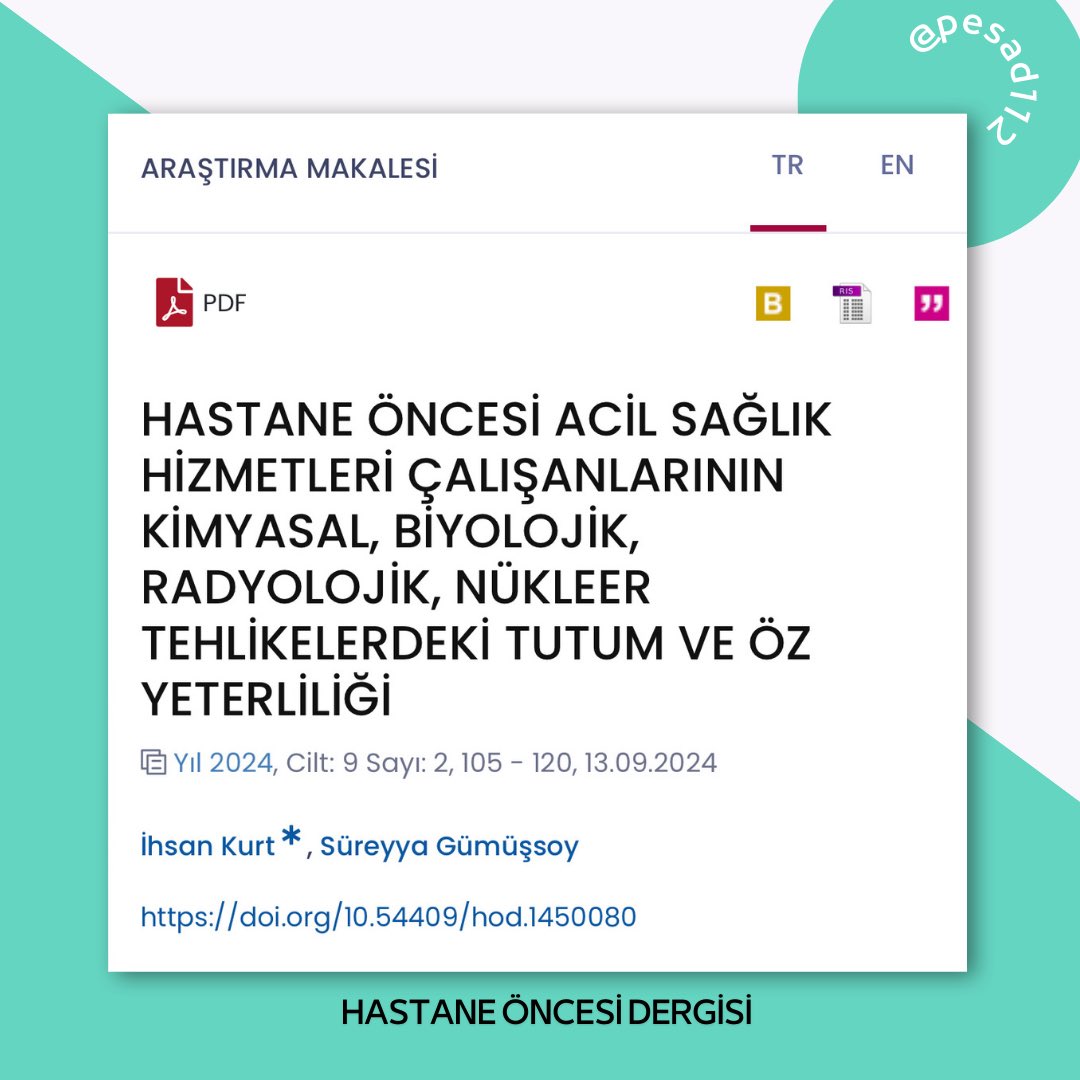 pesadtr's tweet photo. …HÖASH çalışanlarının KBRN vakalarında deneyim ve öz yeterlilikleri, tutumlarını etkilemektedir.
Sağlık personelinin bu vakalara müdahaledeki tutumları kendi ve kazazedenin sağlığı açısından önemlidir…
▶️ Hastane Öncesi Dergisi, 2024;9(2),105-120.

https://t.co/q64oLnsQZG https://t.co/kPbxKQZPEk