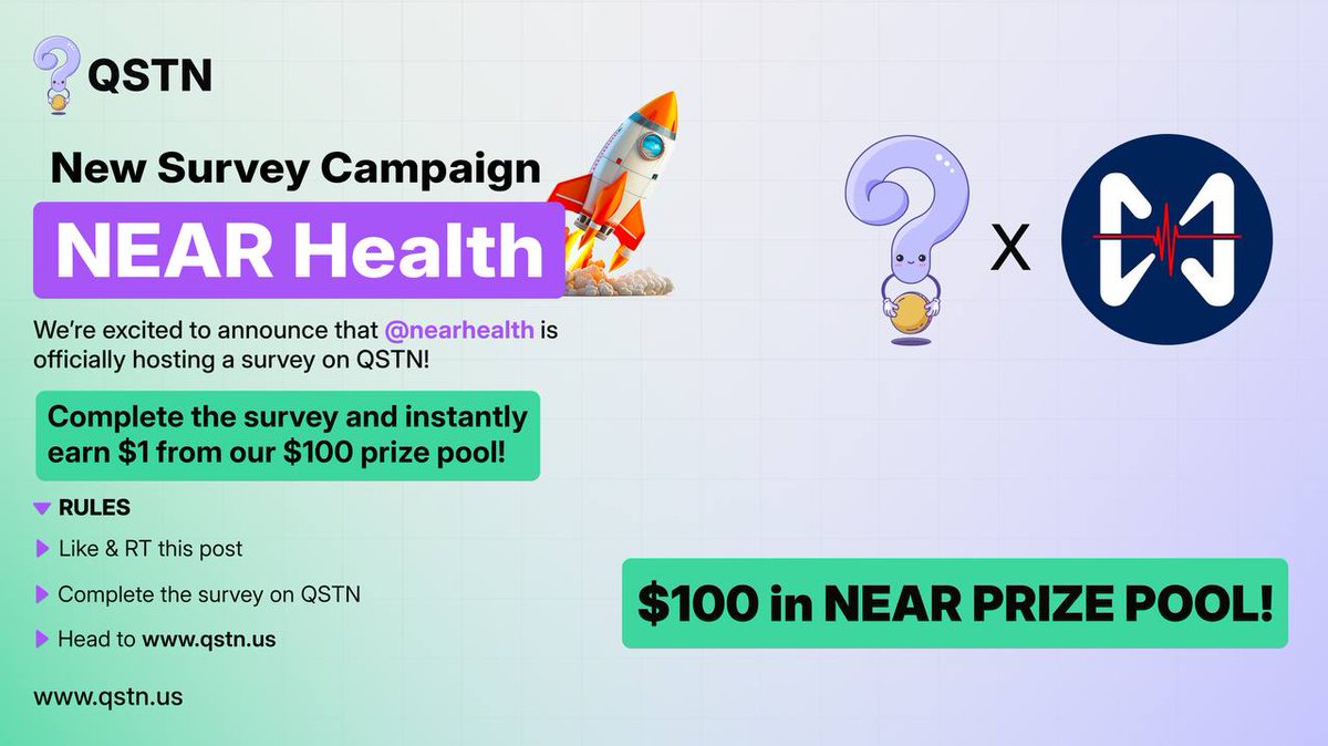 💰$100 up for grabs!💸

Our survey is live on qstn.us🔗

Earn $1 in #NEAR instantly 🎉

Earn while you contribute to our understanding of AI in Healthcare

Rules:
🧬like &amp; RT
🧬complete survey 
🧬earn while supply last

📍thread below for guide, only takes seconds