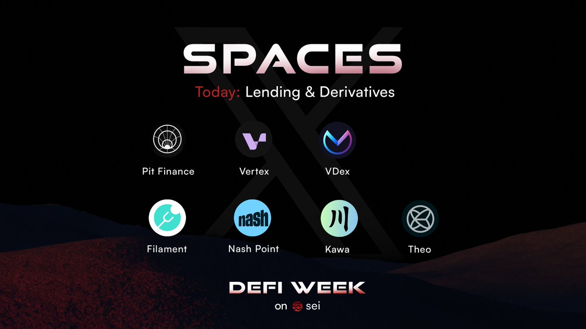 Sei 🔴 (@seinetwork) on Twitter photo Don't miss today's Spaces at 6:00pm UTC 🚨
Co-hosted by @roylopez_s3, we’re featuring some of the incredible lending and derivatives teams building on Sei, including <a href="/Pit_Finance/">Pit Finance</a>, @NashPointFi, <a href="/vertex_protocol/">Vertex 🏔</a>, <a href="/vDEX_ai/">vDEX.ai</a>, <a href="/FilamentFinance/">Filament</a>, <a href="/Kawafinance/">Kawa (Mainnet now live!!)</a> and @TheoNetwork_.
Set Don't miss today's Spaces at 6:00pm UTC 🚨
Co-hosted by @roylopez_s3, we’re featuring some of the incredible lending and derivatives teams building on Sei, including <a href="/Pit_Finance/">Pit Finance</a>, @NashPointFi, <a href="/vertex_protocol/">Vertex 🏔</a>, <a href="/vDEX_ai/">vDEX.ai</a>, <a href="/FilamentFinance/">Filament</a>, <a href="/Kawafinance/">Kawa (Mainnet now live!!)</a> and @TheoNetwork_.
Set