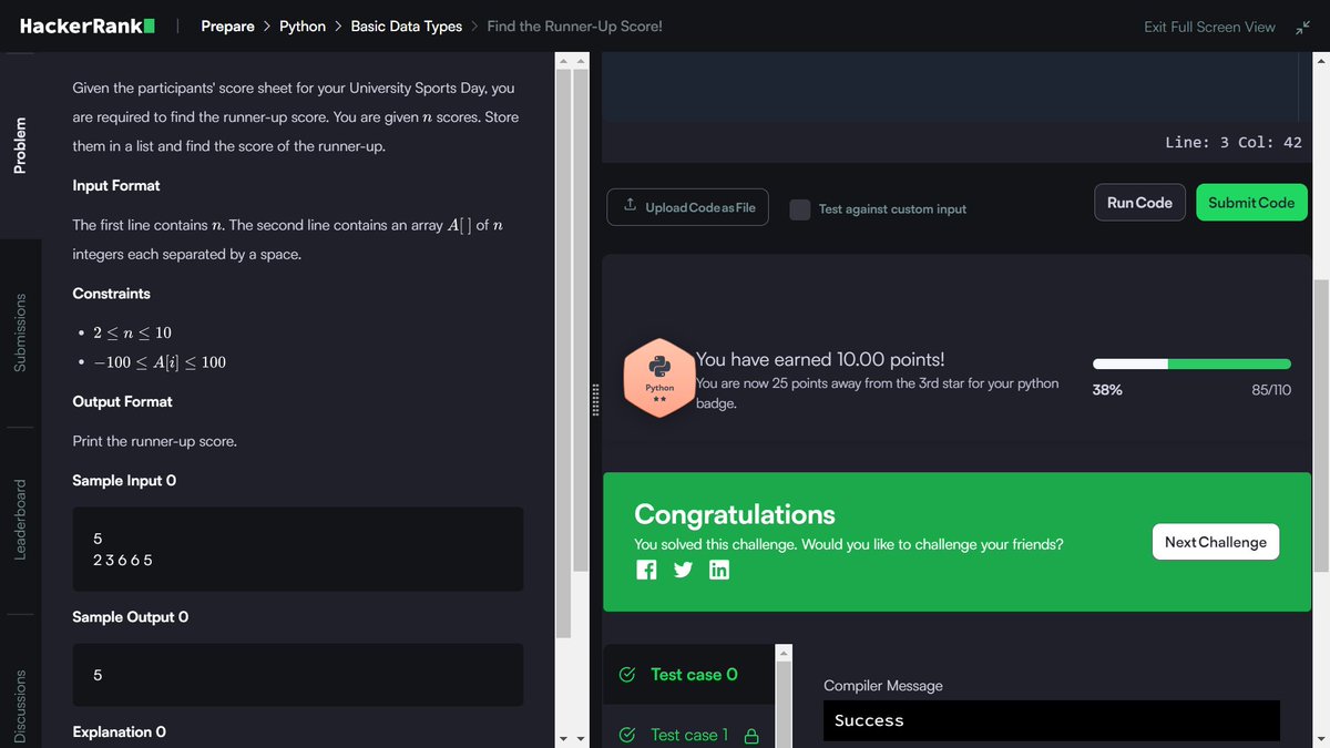 subratakuila01's tweet image. Day 6: Today I tackled list comprehensions and solved the 'Find the Runner-Up Score' challenge from @hackerrank. Every problem solved brings me one step closer to mastering coding.
#Python #CodingChallenge #21DaysOfCode