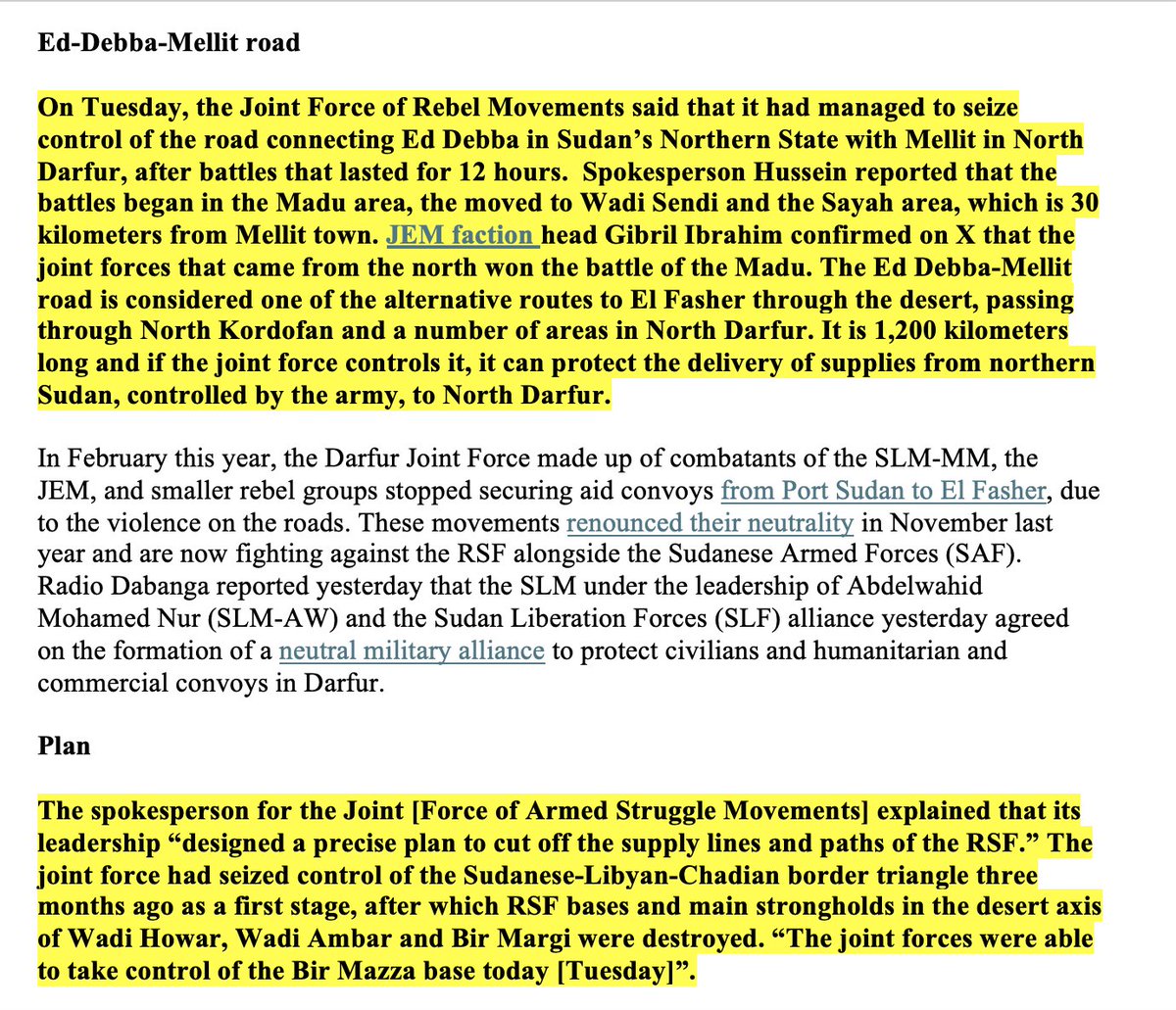 sudanreeves's tweet photo. A dispatch of extraordinary importance, speaking both to severing of the #RSF supply/logistics hub near #Kutumโand to prospects for using the road connecting Ed #Debba in #Sudanโs Northern State with #Mellit in North #Darfur for secure humanitarian access, long threatened by RSF. https://t.co/L6b0V3LXNT