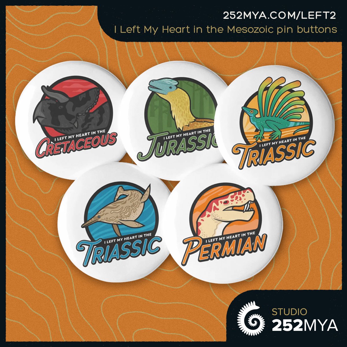 In love with the Mesozoic Era? This set of pins is for you! It includes a Permian pin as well, because why not?

252mya.com/left2

Art by @anatotitan