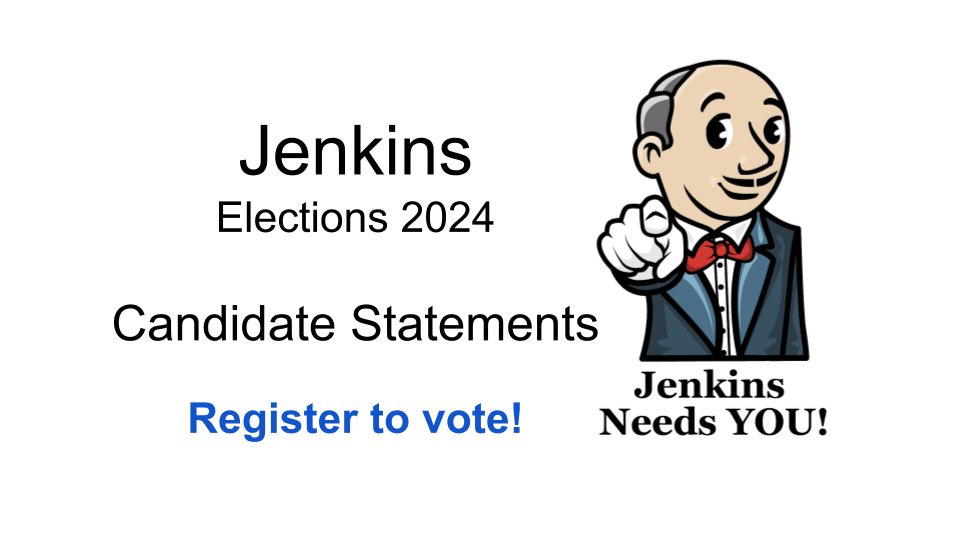 jenkinsci's tweet photo. Read the candidate statements for the 2024 Jenkins elections at https://t.co/5O5qHupHA7 Register to vote! Help choose the leaders to guide the Jenkins project! https://t.co/UqGtr3E3TH