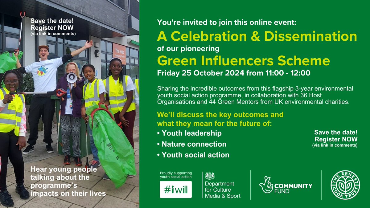 We’re looking forward to welcoming charities from across the UK to this important and informative online event where we share our findings from the #GreenInfluencersScheme. Register to secure your place forms.office.com/pages/response… 
@iwill_movement <a href="/DCMS/">Department for Culture, Media and Sport</a> <a href="/TNLComFund/">The National Lottery Community Fund</a> <a href="/BlueInfluencers/">Blue Influencers</a>