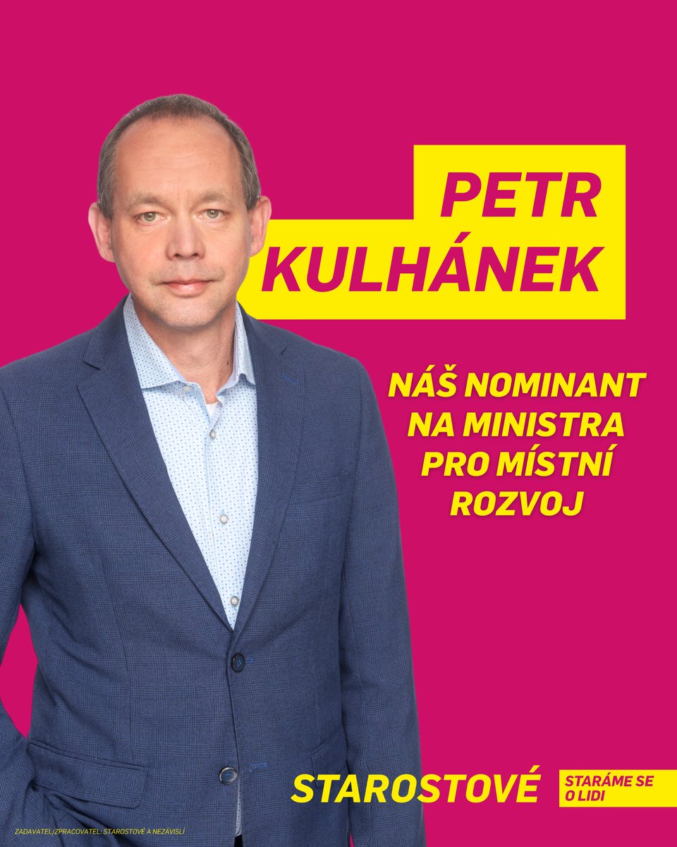 starostove_cz's tweet photo. Petr Kulhánek získal nominaci Starostů na pozici ministra pro místní rozvoj👏. Právě @kulhanek_p zná lépe než kdokoliv jiný potřeby regionů. Jako primátor vedl Karlovy Vary a jako hejtman Karlovarský kraj. Ve svém regionu se zásadně zasadil o zlepšení kvality života. Otevírají se nové vysokoškolské obory, zlepšuje se životní prostředí i materiální zabezpečení.

💬„Na MMR jsou přede mnou a mým týmem urgentní úkoly, které je nutné začít řešit co nejdříve, a já jsem připravený se do nich pustit okamžitě. Jde o účinnou pomoc regionům zasaženým povodněmi. A především řešit co nejrychlejší nápravu digitalizace stavebního řízení. V horizontu hodin se spojím se všemi relevantními aktéry, abych si s nimi domluvil schůzky a začal věc řešit od první hodiny nástupu do funkce,” říká Petr Kulhánek.