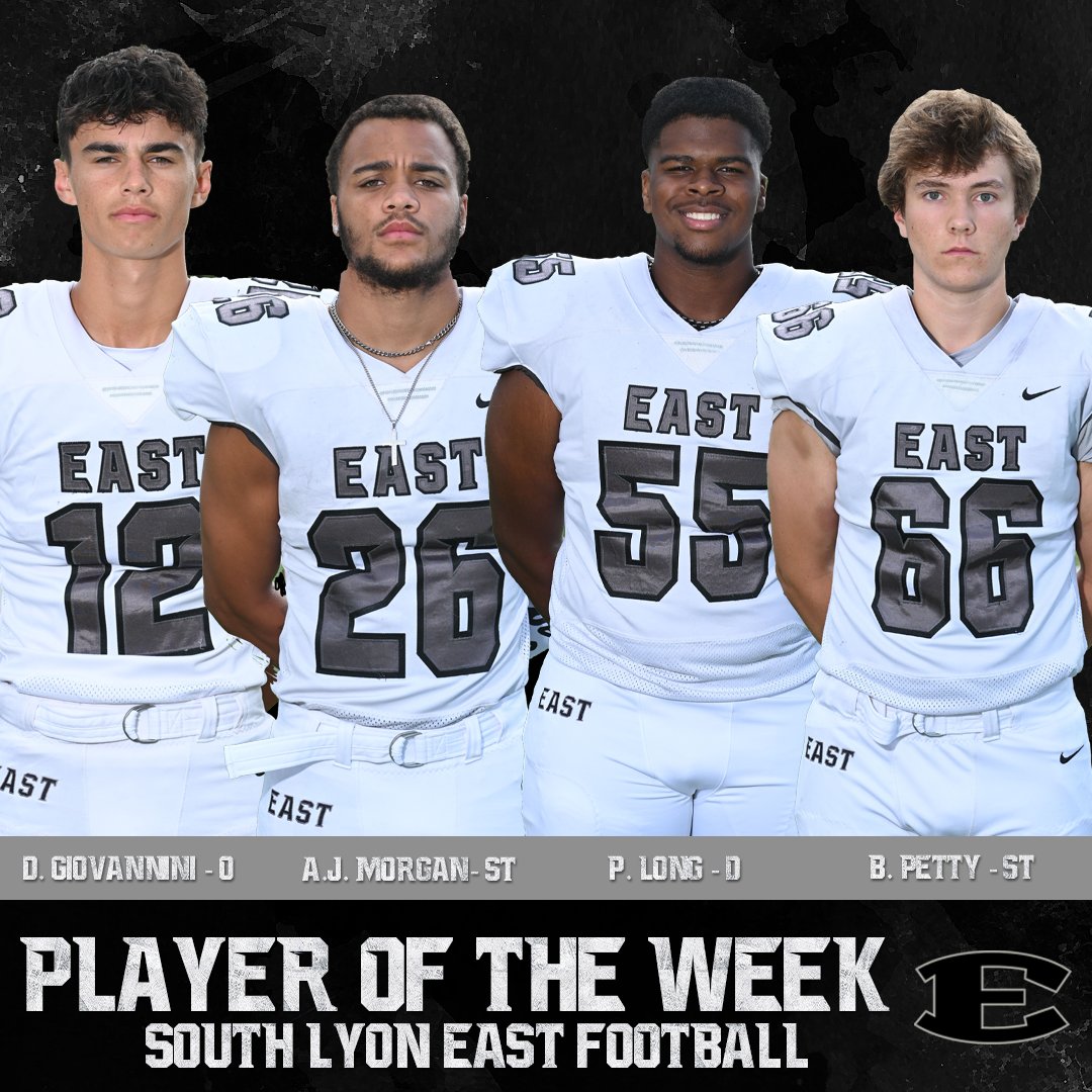 Honoring our Players of the Week for our win against Waterford Mott in Week 5! 

O - Dom Giovannini - QB: 12/16 145yds 2 TD 
D - Phineas Long - DL: 5 tackles, 1 sack, 1 forced fumble
Special Teams - AJ Morgan 
Scout Team - Brody Petty 

#BeEAST | #WeAreOne