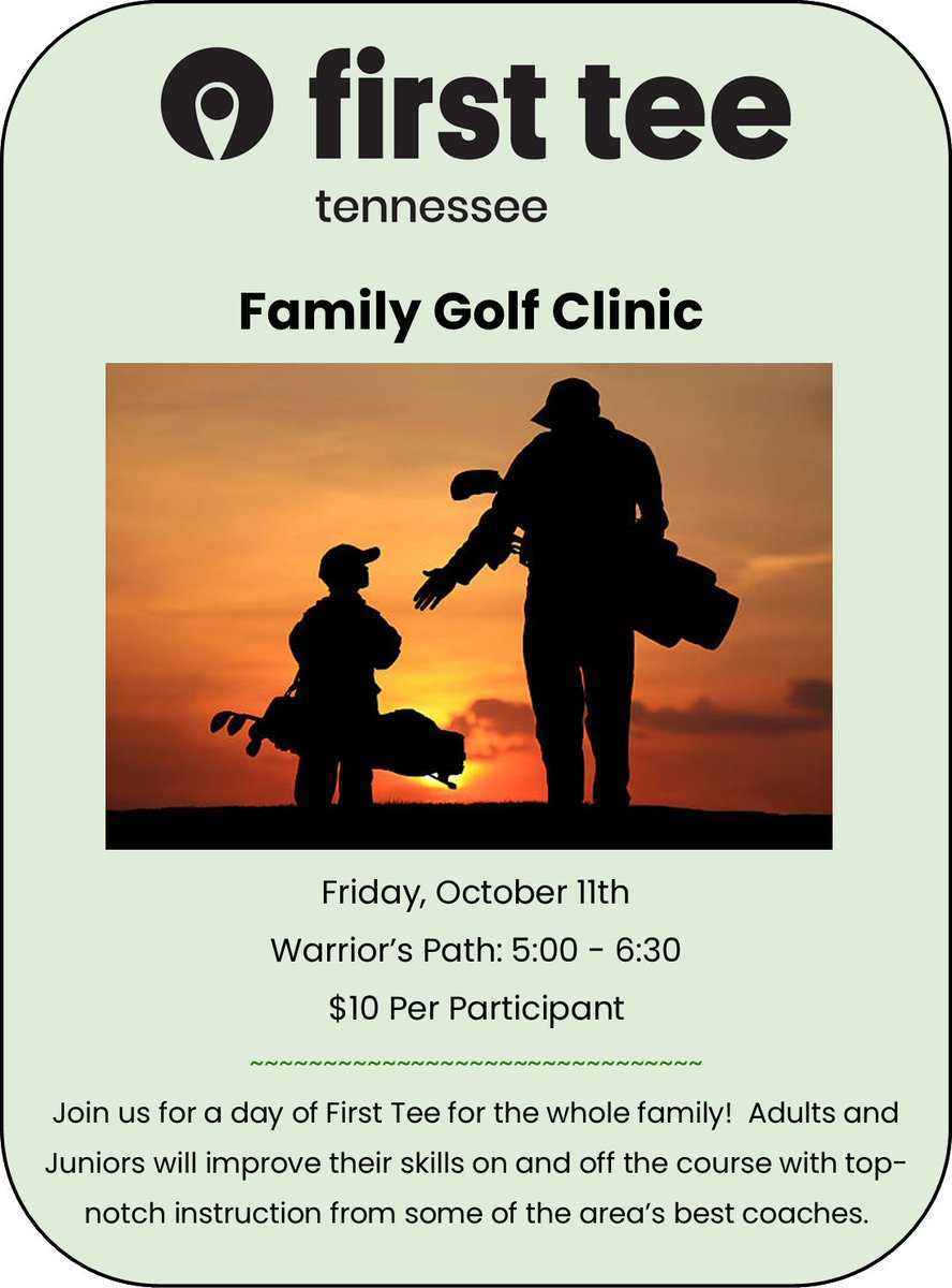 Registration is open for our Fall Family Golf Clinic! This event is open to all participants. To register, visit:
firstteetennessee.org/tournaments-ev…

#golf4life #firstteetricities