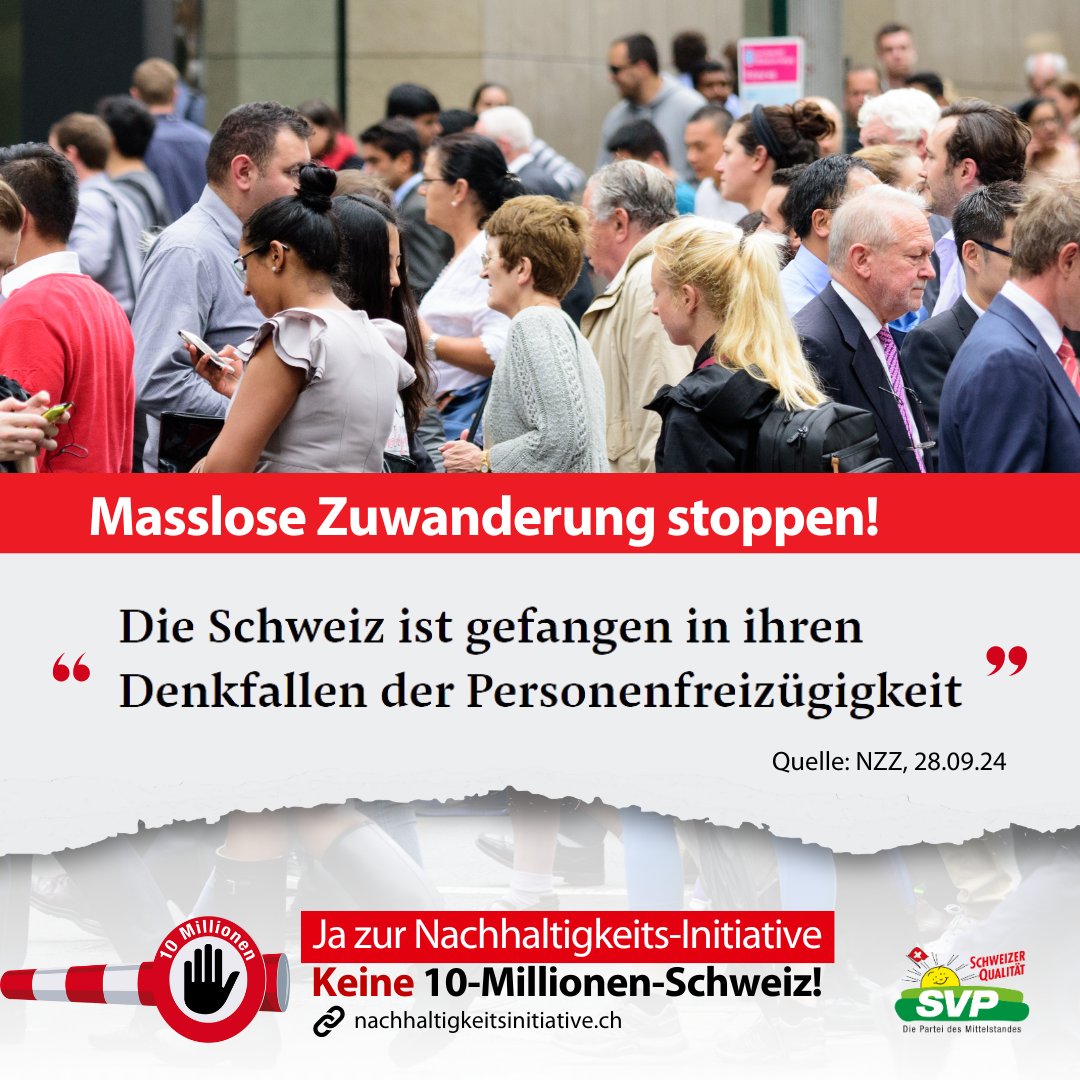 svpzh's tweet photo. Die Bevölkerungsexplosion durch die Personenfreizügigkeit belastet die Schweizerinnen und Schweizer massiv. Die SVP will die Zuwanderung mit ihrer https://t.co/93cDqTe5dv auf ein verträgliches Mass senken.
https://t.co/UjvCjyOfvE
#nachhaltigkeitsinitiative #keine10MioCH #svpzh https://t.co/AW4l4wE6t5