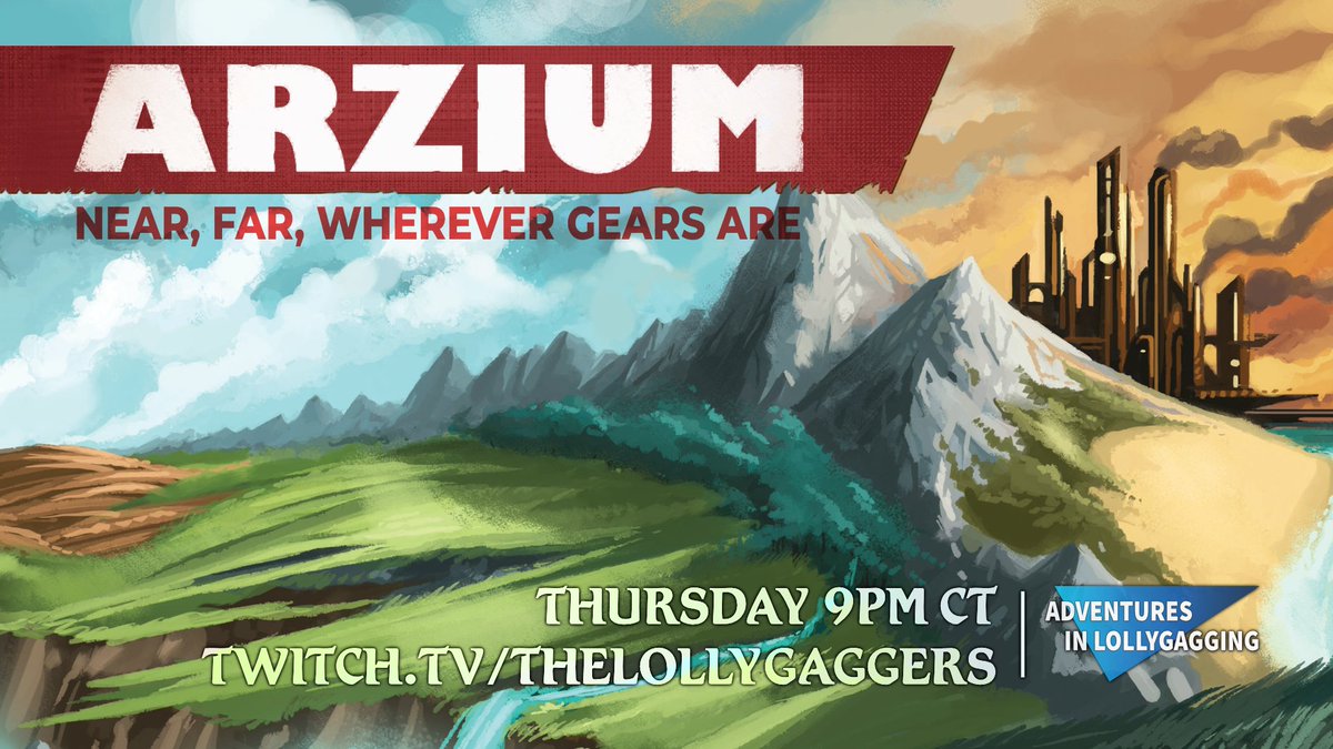 We're back to ARZIUM tonight! Stranded in the wilds, the party searches a ruined factory for spare parts and supplies.

Plus we're giving away one copy of the game courtesy of <a href="/RedRavenGame/">Red Raven Games</a> !

9pm CT on twitch.tv/thelollygaggers

#ttrpg #arzium #actualplay #giveaway