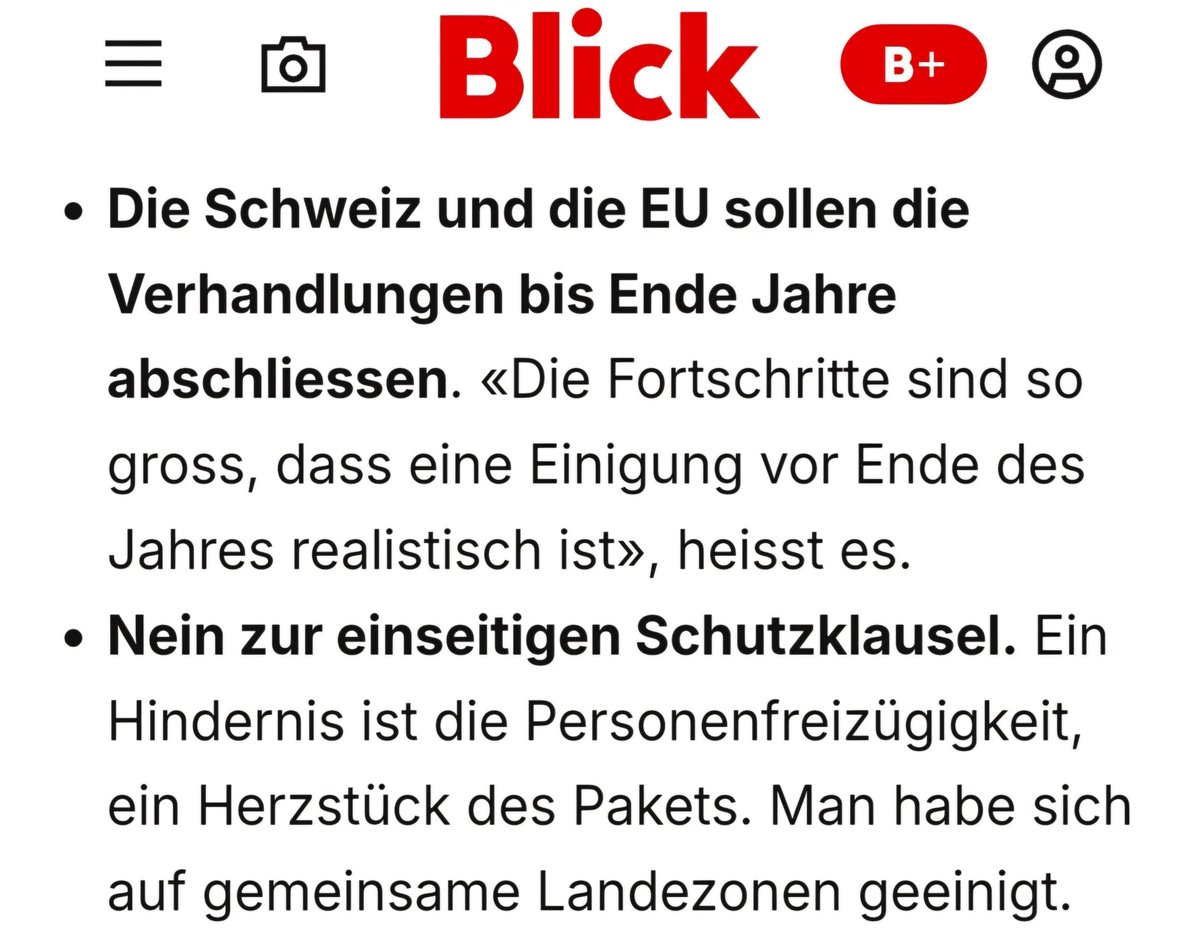🚀 Fortschritte in den Verhandlungen mit der EU, eine Einigung ist in Sicht. Die Schweiz braucht dieses Abkommen. Dass die Schutzklausel keine Chance hat, war ja klar. Ist ja eine PersonenFREIzügigkeit. Die 🇨🇭 profitiert von der PFZ! Die Rückversicherung: europa-initiative.ch