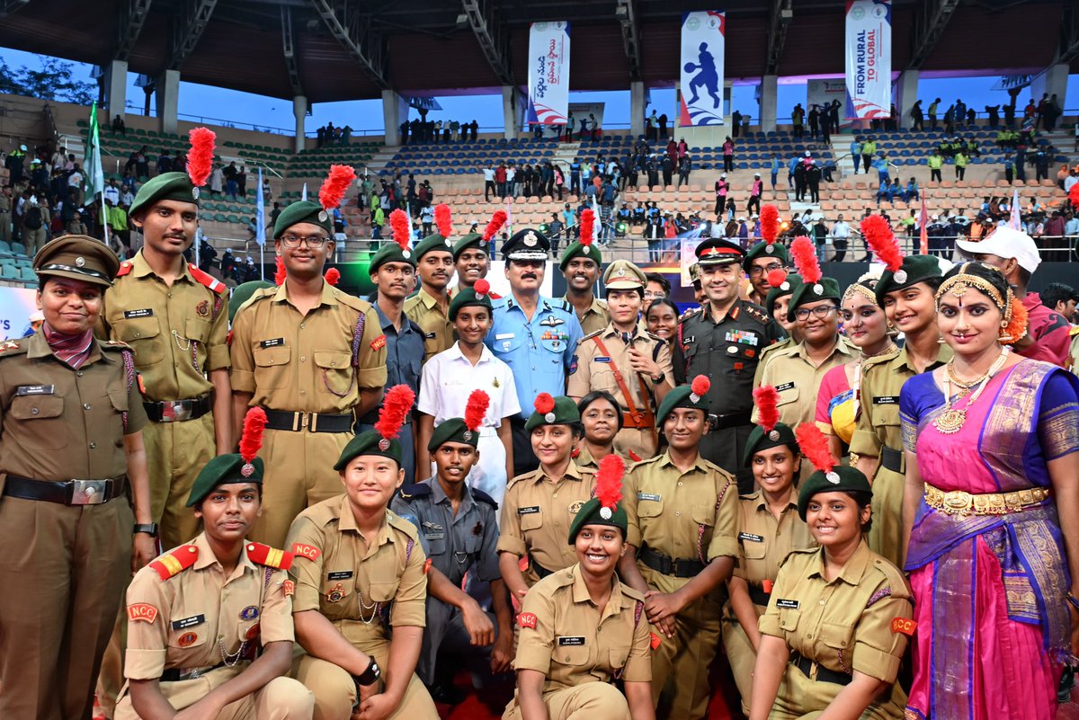 NccDteAPandT's tweet photo. "NCC Directorate AP&amp;T shines at Telangana State Sports Day with Impressive band &amp; cultural show by cadets! AITSC 2024 winners meet CM Shri Revanth Reddy and were congratulated on stellar performance in championship." https://t.co/eWjOohgHyq