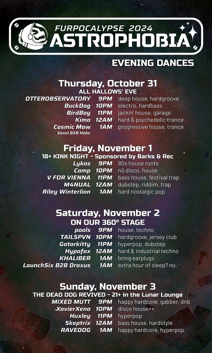 [STATIC… RADIO SIGNAL PICKED UP]

Come in, critters, and attention all animals! 

We are proud to announce the next big entertainment phenomenon this side of Jupiter: the #Furpoc2024 Dances and DJs! Prepare yourself for an experience unlike anything else in the galaxy — and all