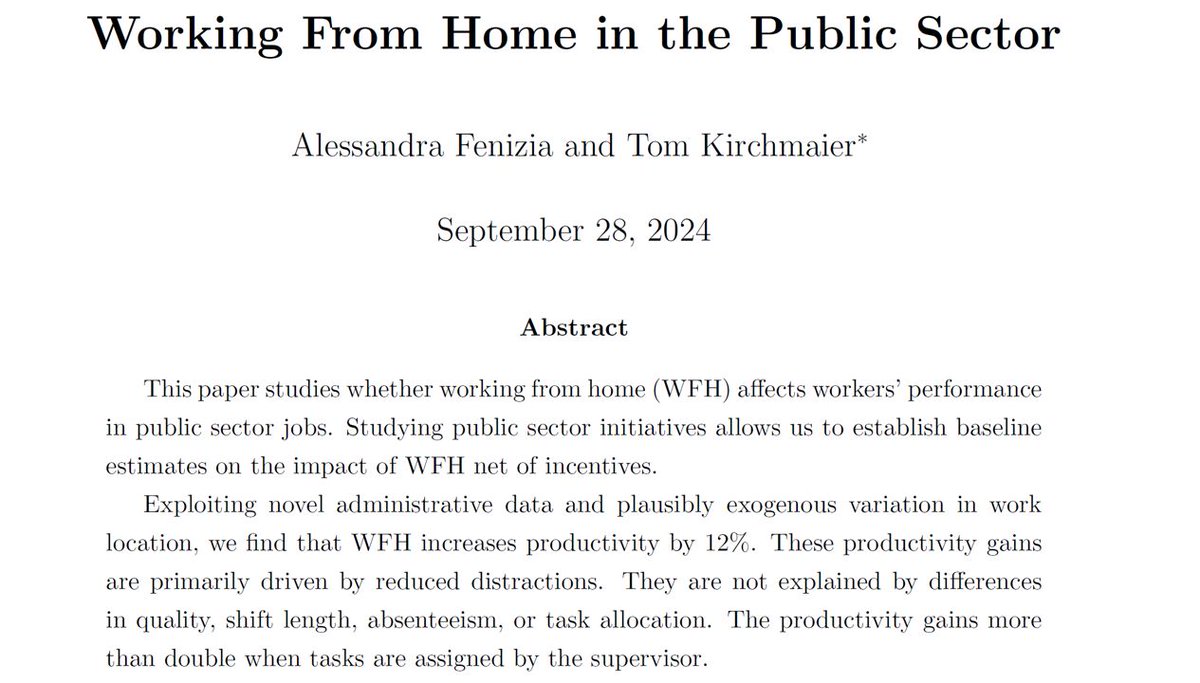 AdamMGrant's tweet image. Remote work is not a distraction. It&apos;s a chance to concentrate.

Government workers were 28% more productive on days when supervisors assigned them tasks to do at home, because they were more focused.

The office is good for interaction, but it&apos;s not always ideal for deep work.