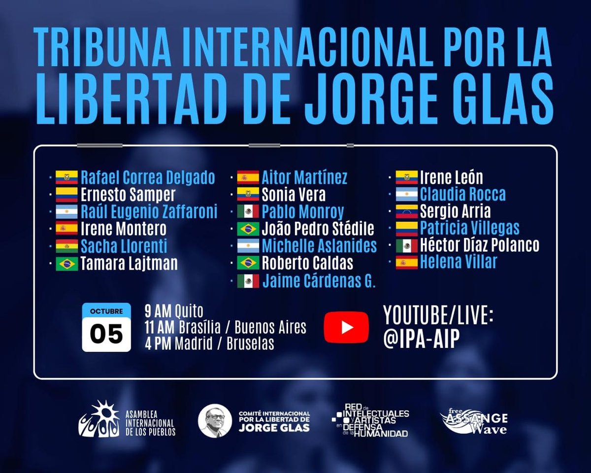 TRIBUNA INTERNACIONAL POR LA LIBERTAD DE JORGE GLAS; desde la <a href="/CasAmericas/">Casa de las Américas</a> apoyamos esta iniciativa justa, humana, digna. ¡Liberen a Glas! #NoAlFascismo