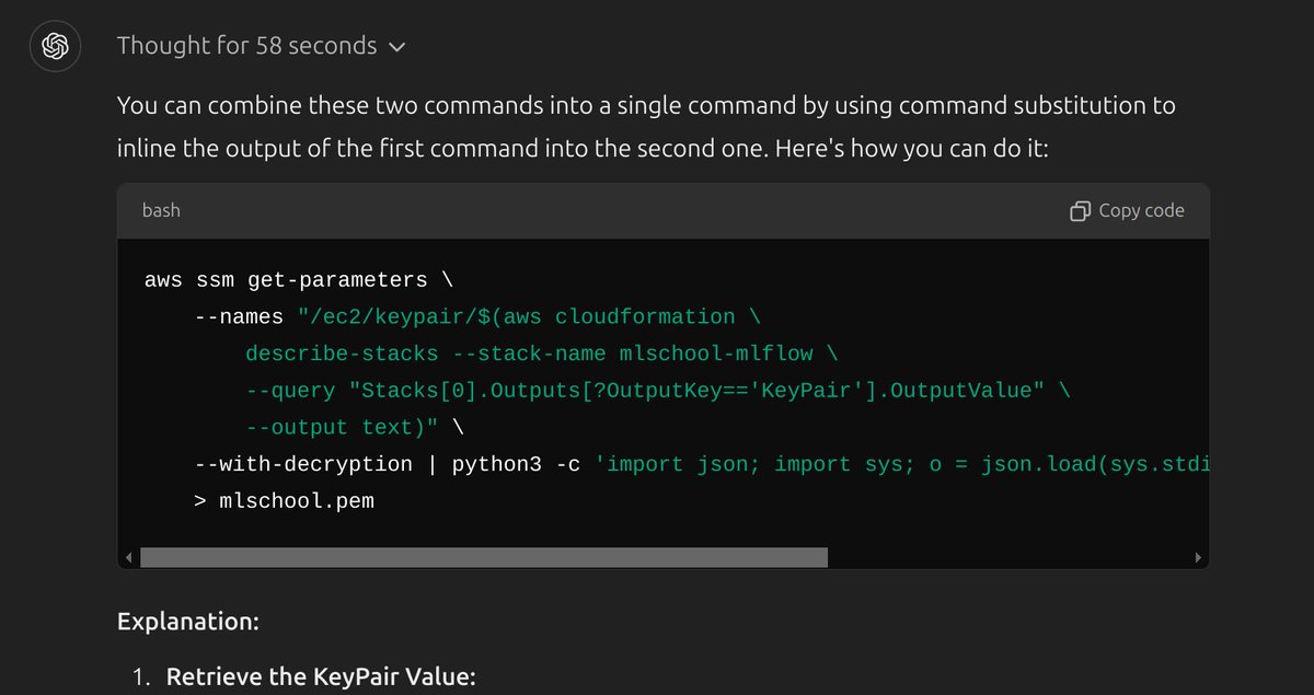 svpino's tweet image. o1-preview is an absolute beast crafting complex bash commands.
I went through the setup instructions for the class I teach, and I was able to reduce 27 different commands to 12 by removing unnecessary commands and combining intermediate operations into a single command.