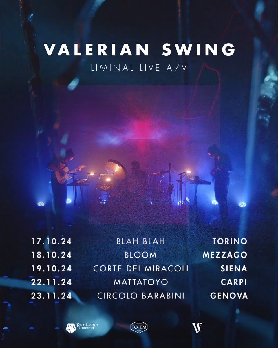 Valerian Swing (@valerianswing) on Twitter photo Concerti!
Qui di seguito le prime date del tour d'Autunno, quello in cui suoneremo Liminal per intero corroborato da un nuovo live-set fatto di visual, luci e sudore.
Tutto insieme, tutto forte. Concerti!
Qui di seguito le prime date del tour d'Autunno, quello in cui suoneremo Liminal per intero corroborato da un nuovo live-set fatto di visual, luci e sudore.
Tutto insieme, tutto forte.